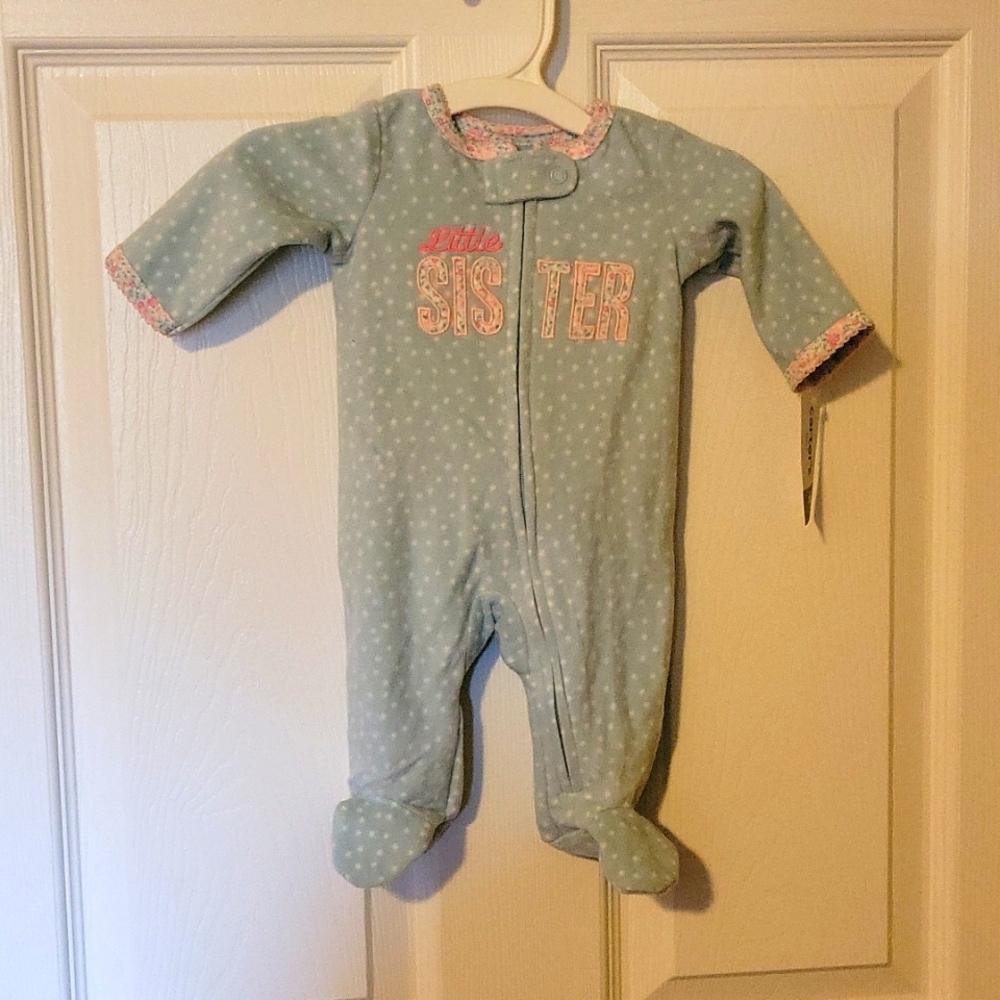 Carter's Little Sister Light Blue/White Polkadots & Pink Flower Trim Sleeper NB